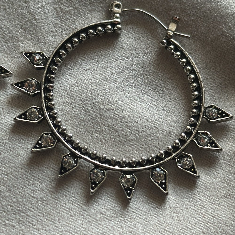 Silver Tone Spiked Hoop Earrings - Picture 4 of 4